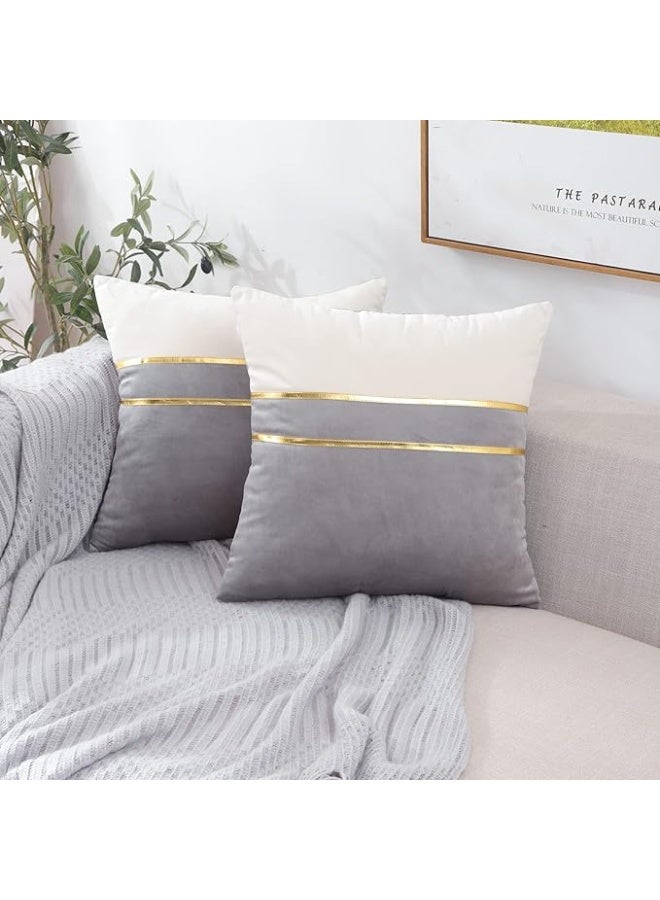 Cushion Covers, Set of 2 Velvet Pillow Covers with Golden Leather, Decorative, Modern, for Sofa/Couch, Garden Bed, Living Room, Bed Throw Cushions ,Gray, 45 x 45cm - Image 2